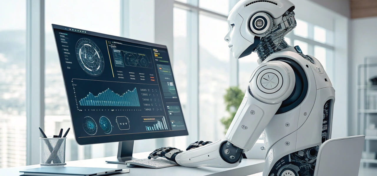 Humanoider Roboter analysiert menschliche Emotionen auf einem Bildschirm, Symbol für emotionale Intelligenz in KI.