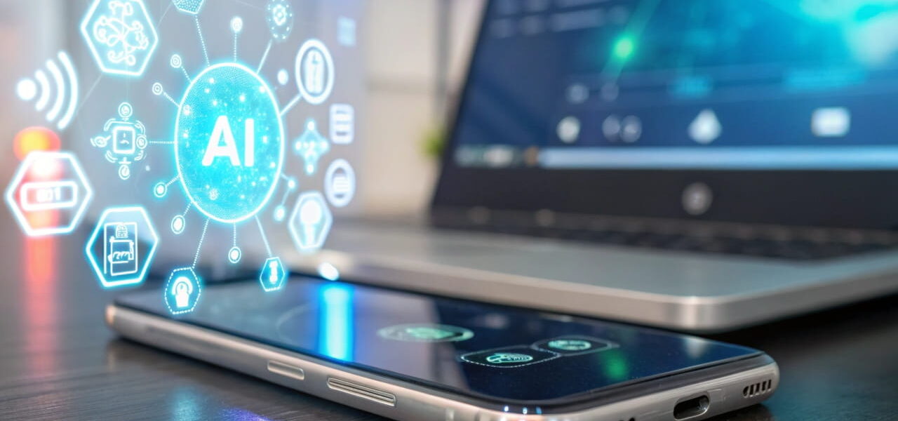 Smartphone mit holografischen KI-Symbolen, das die Revolution der KI in der mobilen Technologie darstellt.