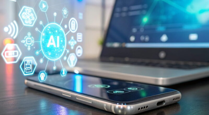 Smartphone mit holografischen KI-Symbolen, das die Revolution der KI in der mobilen Technologie darstellt.
