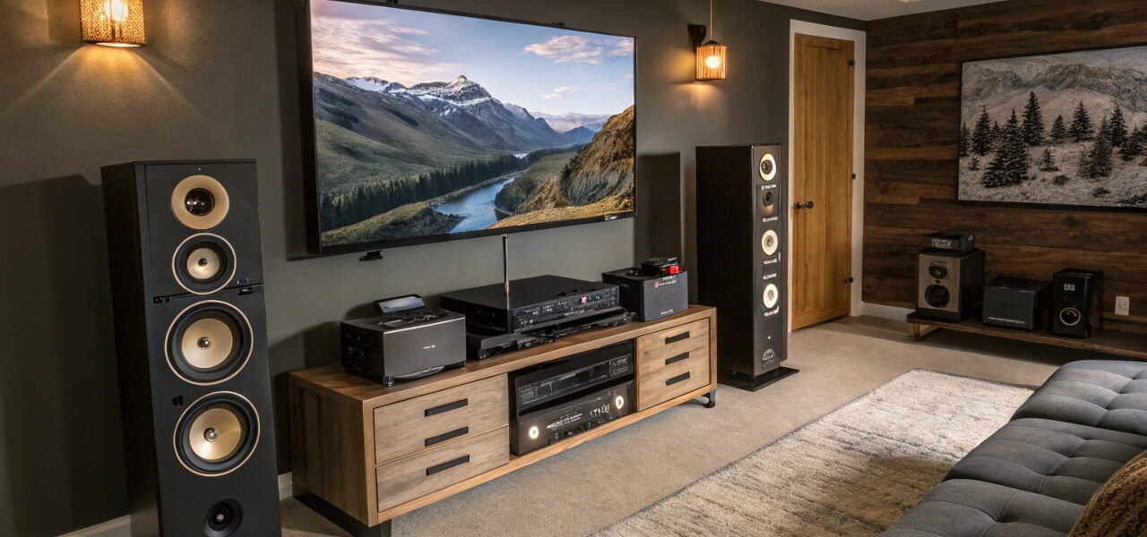 Modernes Heimkinosystem mit großem Bildschirm, Surround-Sound-Lautsprechern, AV-Receiver und Streaming-Geräten in einem gemütlichen Wohnzimmer.