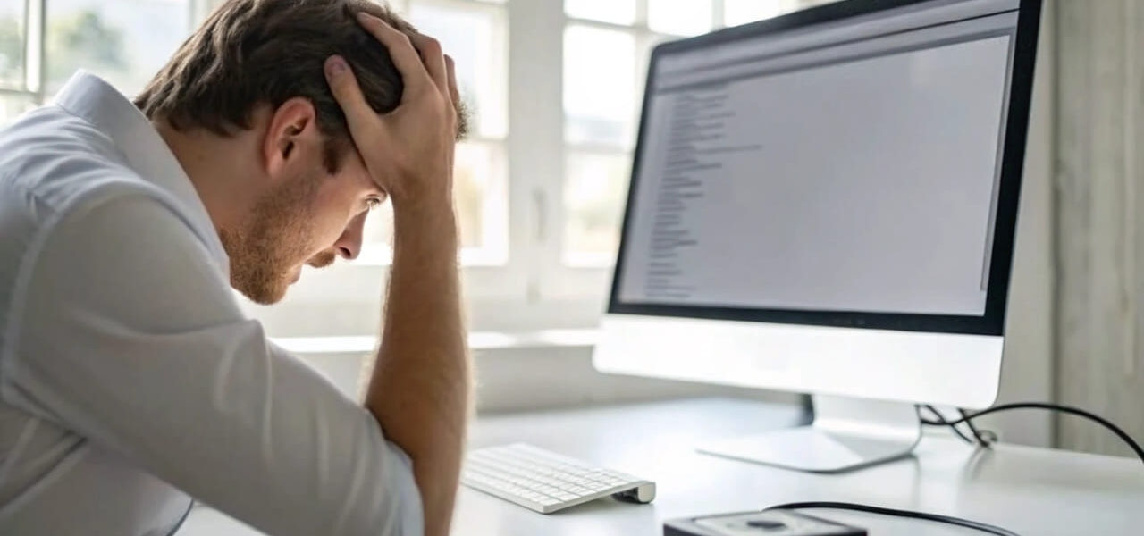 Person verzweifelt am PC nach Datenverlust ohne Backup-Lösung