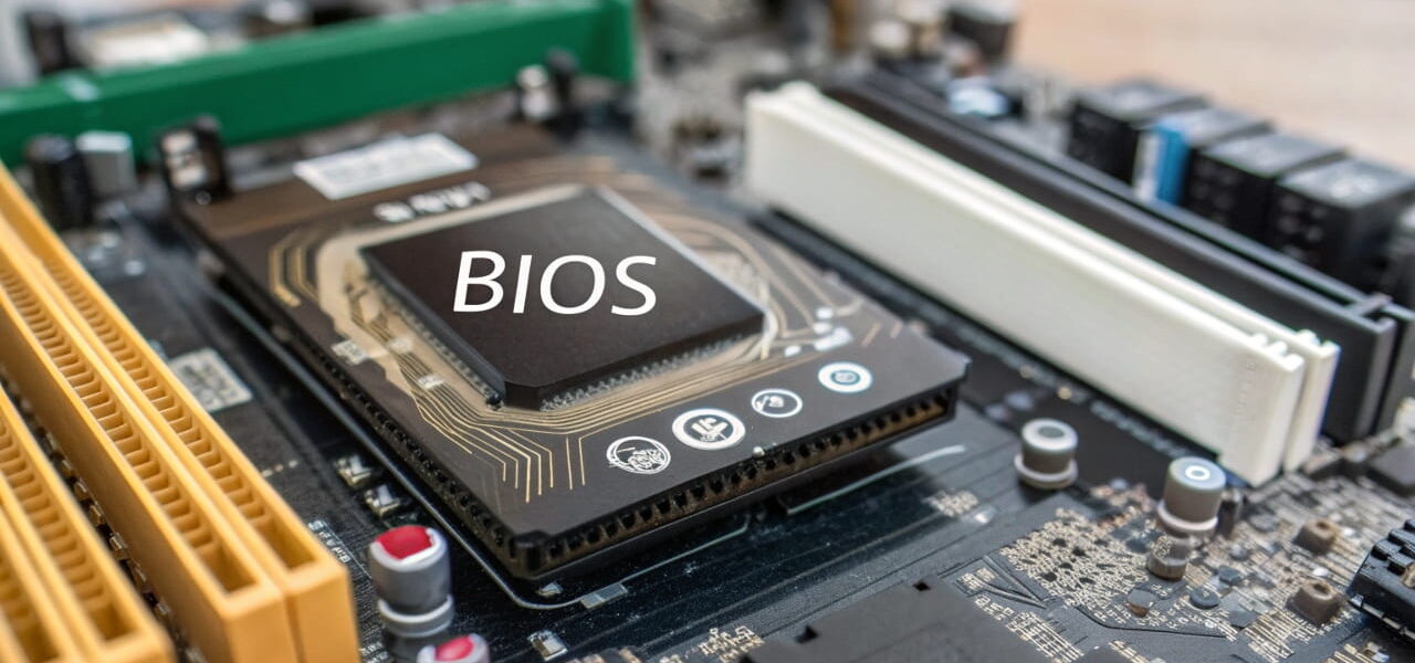 BIOS-Update auf einem Computer-Mainboard mit hervorgehobener BIOS-Funktion