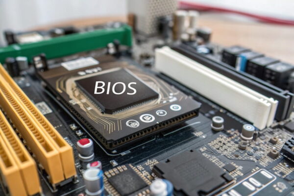 BIOS-Update auf einem Computer-Mainboard mit hervorgehobener BIOS-Funktion