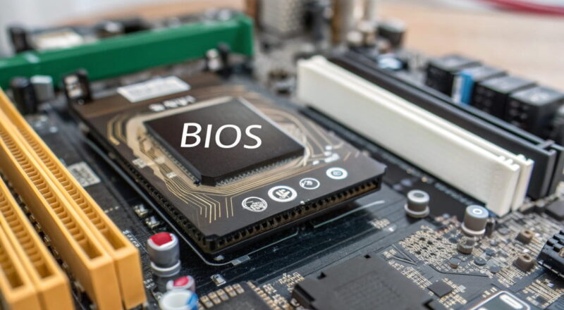 BIOS-Update auf einem Computer-Mainboard mit hervorgehobener BIOS-Funktion