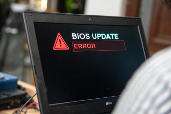 Fehlermeldung bei BIOS-Update mit Warnsymbol auf Computerbildschirm