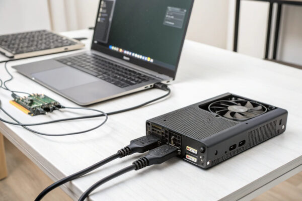 Externe Grafikkarten für Laptops – So funktioniert eine eGPU Externe Grafikkarten für Laptops – Beispiel einer angeschlossenen eGPU
