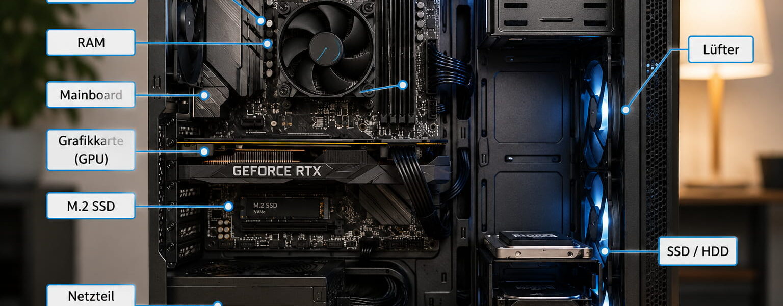 Hardware-Komponenten in einem geöffneten Desktop-PC
