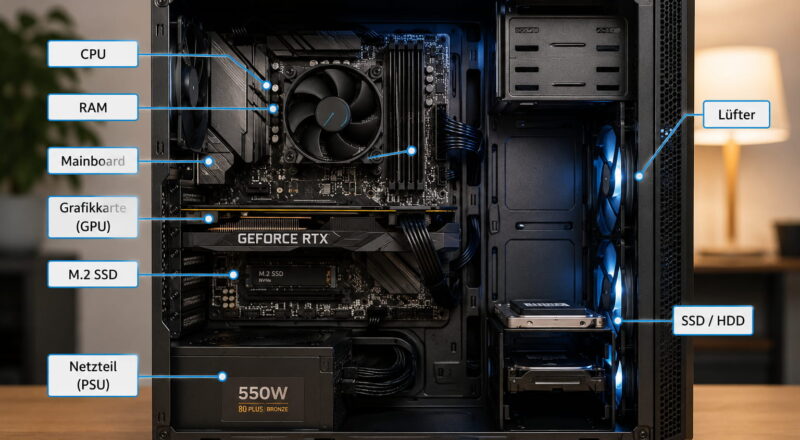 Hardware-Komponenten in einem geöffneten Desktop-PC