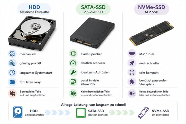 Vergleich von HDD, SATA-SSD und NVMe-SSD beim Aufrüsten eines PCs