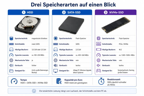 HDD, SATA-SSD oder NVMe-SSD im Vergleich