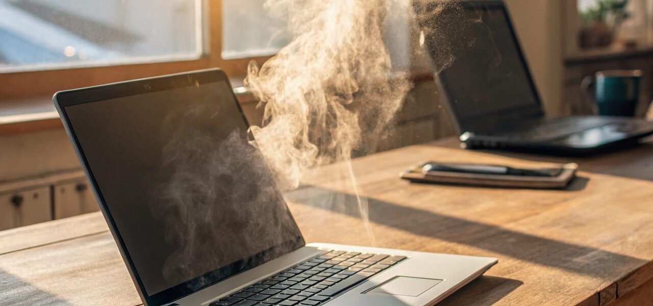 Überhitzter Laptop mit verstopften Lüftungsschlitzen und Warnmeldung auf dem Bildschirm – Ursachen für Hitzeprobleme erkennen.