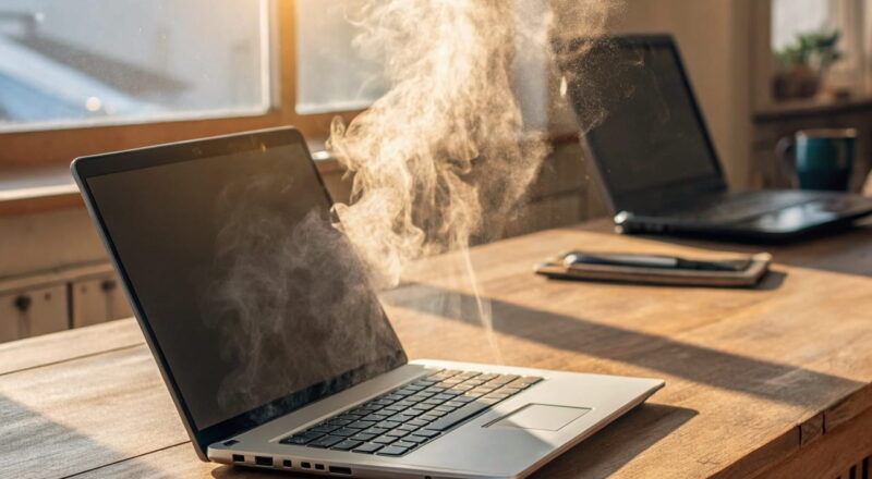 Überhitzter Laptop mit verstopften Lüftungsschlitzen und Warnmeldung auf dem Bildschirm – Ursachen für Hitzeprobleme erkennen.
