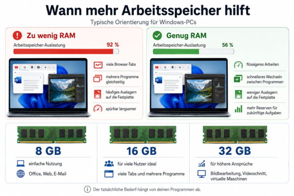Infografik zeigt, wann mehr Arbeitsspeicher bei einem Windows-PC sinnvoll ist