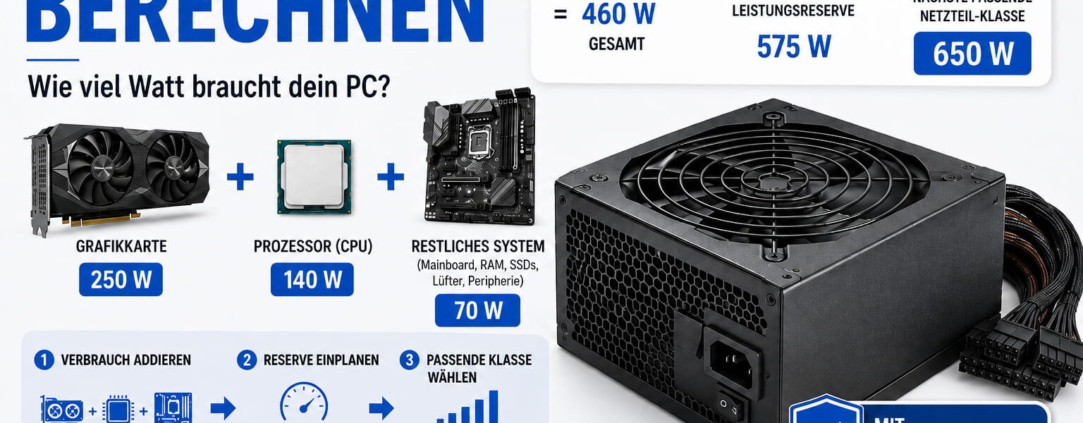 Netzteil berechnen mit Beispiel für CPU, Grafikkarte, Leistungsreserve und passende Wattzahl