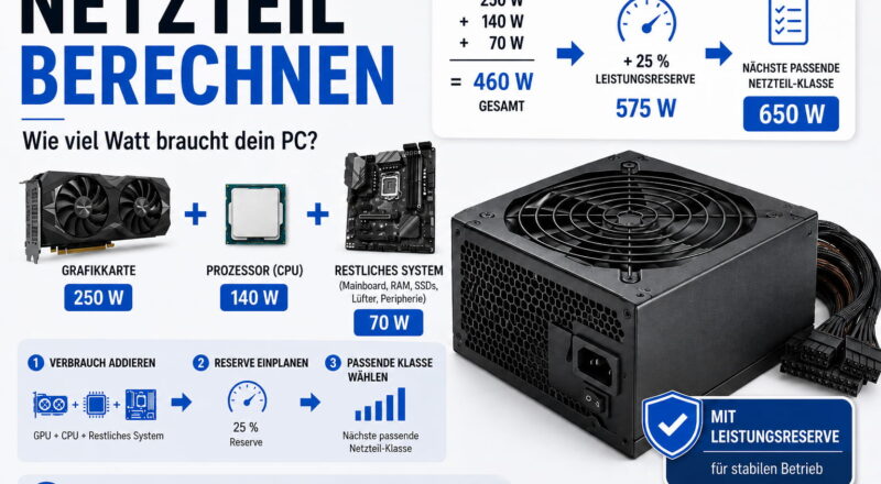 Netzteil berechnen: Wie viel Watt braucht dein PC wirklich? 11 Netzteil berechnen mit Beispiel für CPU, Grafikkarte, Leistungsreserve und passende Wattzahl