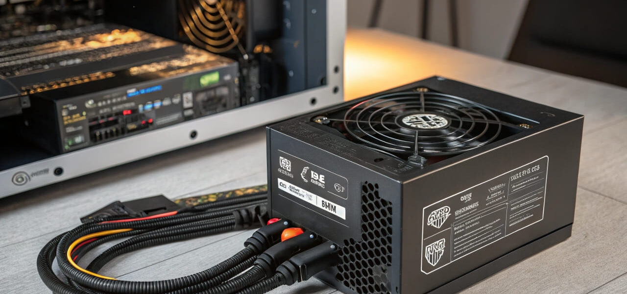 Warum das richtige Netzteil für deinen PC entscheidend ist – Hochwertiges PC-Netzteil mit Anschlüssen und Effizienzlabel im Detail.