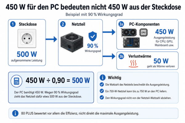 Netzteil-Wirkungsgrad erklärt: 500 Watt aus der Steckdose ergeben bei 90 Prozent Wirkungsgrad 450 Watt für den PC