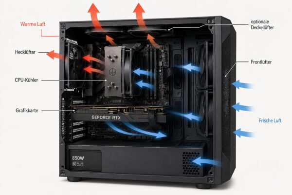 Luftstrom durch ein PC-Gehäuse zur Kühlung von CPU und Grafikkarte