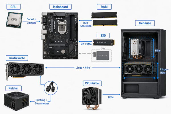 Kompatibilität von CPU, Mainboard, RAM, Grafikkarte, SSD und Netzteil