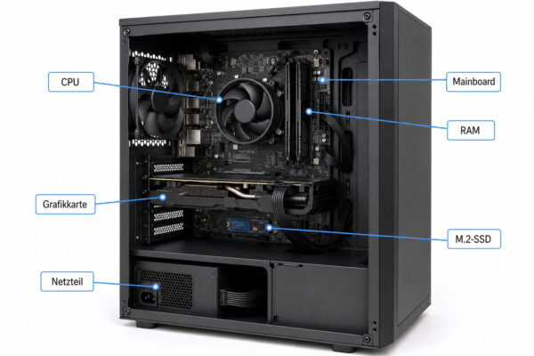 Wichtige Hardware-Komponenten im Desktop-PC mit CPU, RAM, Grafikkarte, SSD und Netzteil