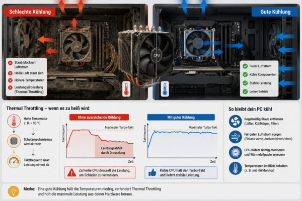 Infografik zu PC-Kühlung, Luftstrom und Thermal Throttling bei hoher CPU-Temperatur