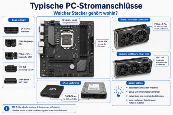 Infografik zu PC-Stromanschlüssen mit 24-Pin ATX, EPS 8-Pin, PCIe 6+2-Pin, 12V-2x6 und SATA-Strom