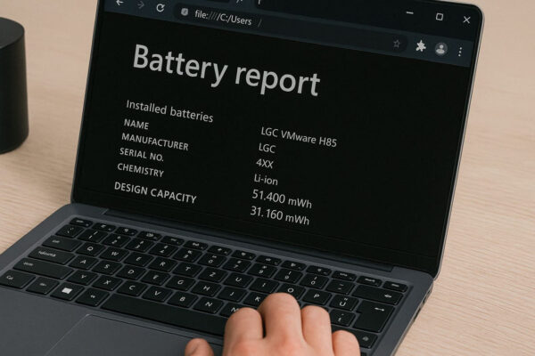 Laptop mit geöffnetem Battery Report zur Analyse des Akkuzustands