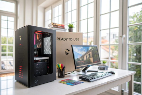 Fertig-Gaming-PC einsatzbereit neben Monitor aufgestellt Fotorealistisches Bild eines Fertig-Gaming-PCs in Originalverpackung neben Monitor auf einem Schreibtisch