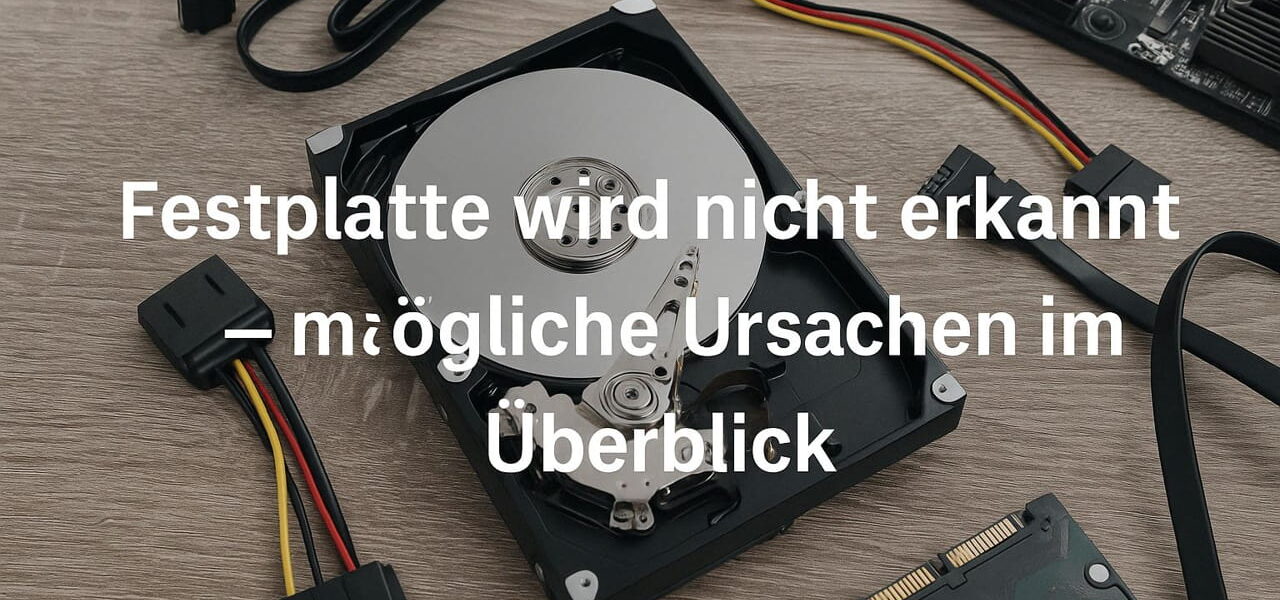 Offene Festplatte mit Kabeln und Mainboard – mögliche Ursachen, wenn Windows die Festplatte nicht erkennt