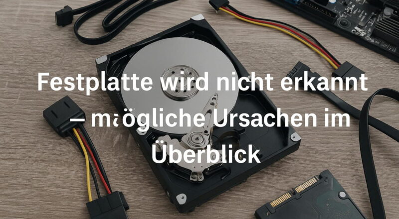 Offene Festplatte mit Kabeln und Mainboard – mögliche Ursachen, wenn Windows die Festplatte nicht erkennt
