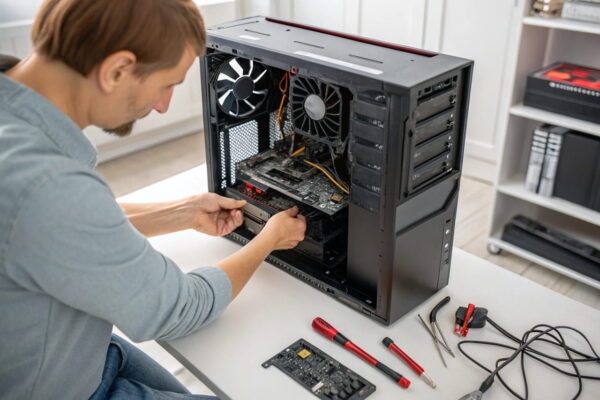Gaming-PC wird aufgerüstet – neue Grafikkarte wird eingebaut Person rüstet einen Gaming-PC mit neuer Grafikkarte auf, offenes Gehäuse sichtbar