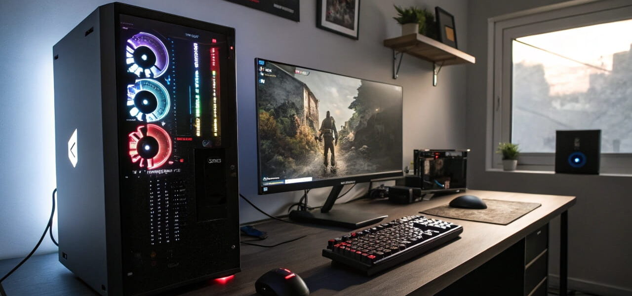 Fotorealistisches Bild eines modernen Gaming-PCs mit RGB-Beleuchtung, Monitor und Zubehör auf einem Schreibtisch