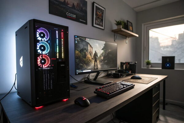 Moderner Gaming-PC mit Zubehör im Einsatz Fotorealistisches Bild eines modernen Gaming-PCs mit RGB-Beleuchtung, Monitor und Zubehör auf einem Schreibtisch