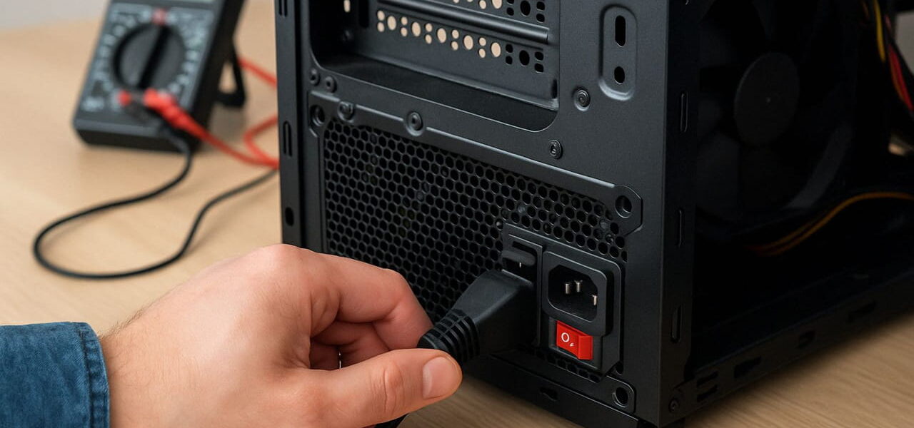 Netzteil prüfen am geöffneten PC-Gehäuse bei Stromausfall