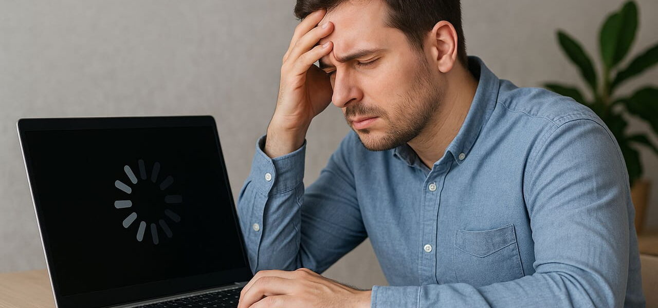 Frustrierter Mann vor langsamem Laptop mit Ladeanzeige