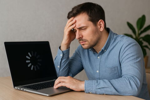 Frustrierter Mann vor langsamem Laptop mit Ladeanzeige