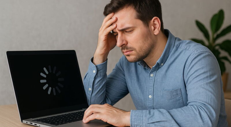 Frustrierter Mann vor langsamem Laptop mit Ladeanzeige