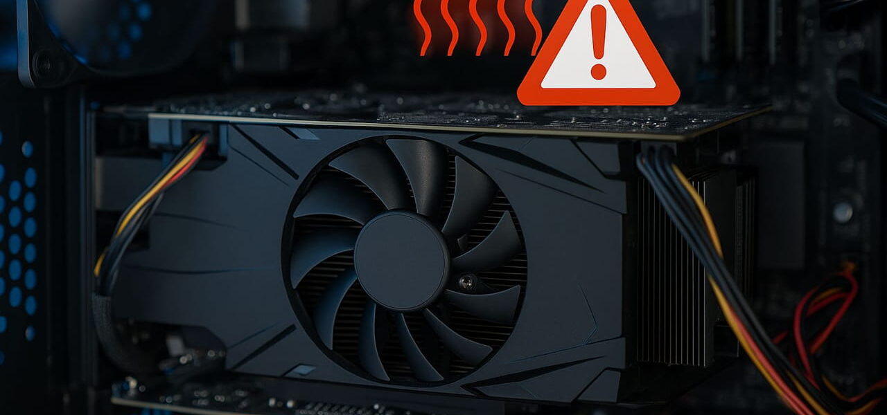 Überhitzte Grafikkarte mit Warnsymbol im geöffneten PC-Gehäuse