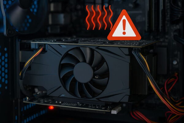 Woran du erkennst, dass deine Grafikkarte überhitzt Überhitzte Grafikkarte mit Warnsymbol im geöffneten PC-Gehäuse
