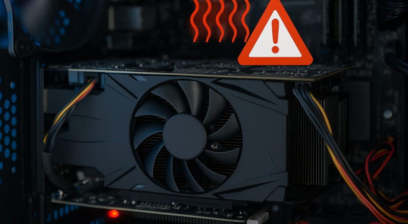 Überhitzte Grafikkarte mit Warnsymbol im geöffneten PC-Gehäuse