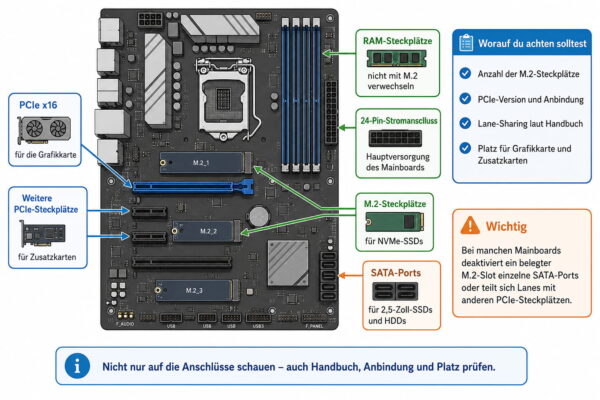 Mainboard-Anschlüsse und Steckplätze im Überblick Wichtige Anschlüsse und Steckplätze auf einem Mainboard