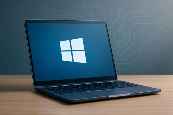 Moderner Windows-Laptop mit symbolischer Darstellung von ARM-Technologie