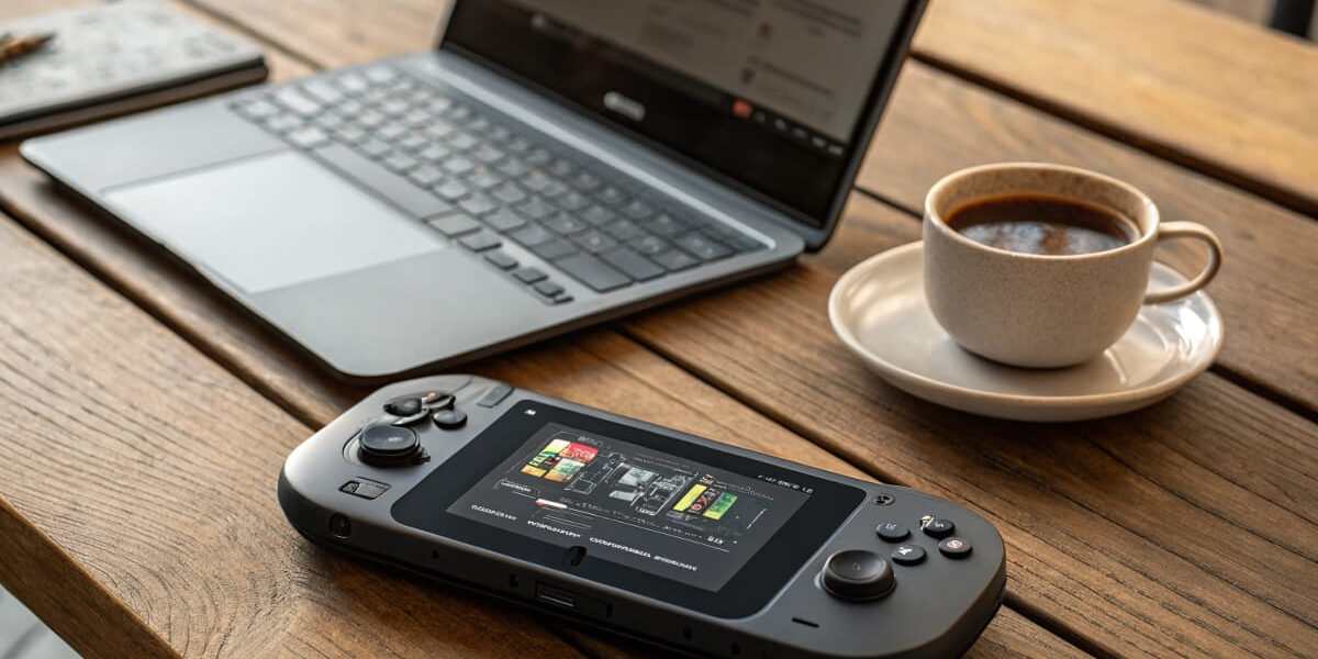 Moderner Gaming-Handheld neben Laptop und Kaffee auf dem Tisch