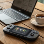 Moderner Gaming-Handheld neben Laptop und Kaffee auf dem Tisch