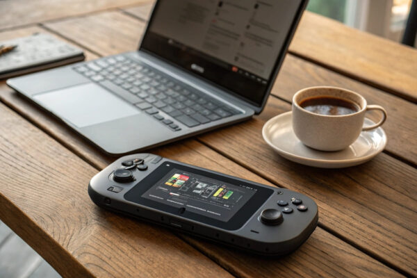 Was ist ein Gaming-Handheld? Kompakte Spielkonsole im Überblick Moderner Gaming-Handheld neben Laptop und Kaffee auf dem Tisch