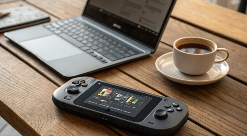 Moderner Gaming-Handheld neben Laptop und Kaffee auf dem Tisch