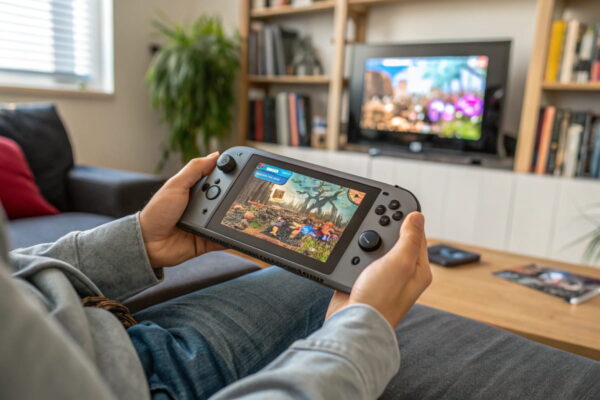 Gaming-Performance eines Handhelds im Alltag mit Spielszene Gaming-Handheld mit laufendem Spiel auf dem Sofa in Alltagsszene