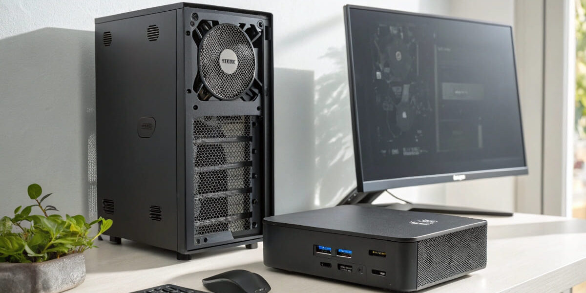 Mini-PC und Tower-System nebeneinander auf einem Schreibtisch