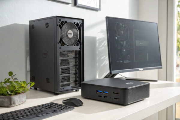 Mini-PC und Tower-System nebeneinander auf einem Schreibtisch