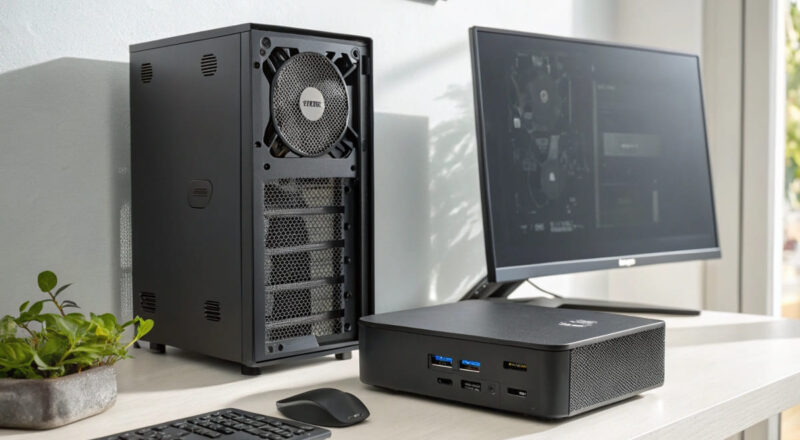 Mini-PC und Tower-System nebeneinander auf einem Schreibtisch